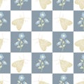 Vector Flowers in Blue with Green Leaves and Gold Butterflies on White Gray Squares Seamless Repeat Pattern. Background Royalty Free Stock Photo