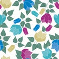 Vector Flowers in Blue Pink Yellow Aqua with Green Leaves Scattered on White Background Seamless Repeat Pattern Royalty Free Stock Photo