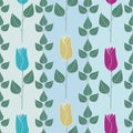 Vector Flowers in Blue Pink Yellow with Green Leaves on Blue Aqua Green Stripes on Seamless Repeat Pattern. Background Royalty Free Stock Photo