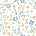 Vector Flowers in Blue Yellow Orange with Green Leaves on White Background Seamless Repeat Pattern. Background for Royalty Free Stock Photo