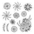 Vector flowers doodle collection. Adult coloring book page decorations. Zentangle design with floral elements