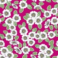 Vector Flowers in Gold and White with Green Leaves on Pink Background Seamless Repeat Pattern. Background for textiles