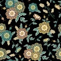 Vector Flowers in Green Orange Yellow Blue with Green Leaves on Black Background Seamless Repeat Pattern. Background for Royalty Free Stock Photo