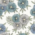 Vector Flowers in Green White Blue with Green Leaves on White Background Seamless Repeat Pattern. Background for Royalty Free Stock Photo