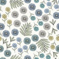 Vector Flowers in Green White Blue Yellow with Green Leaves Scattered on White Background Seamless Repeat Pattern Royalty Free Stock Photo