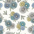 Vector Flowers in Green White Blue Yellow with Green Leaves on White Background Seamless Repeat Pattern. Background for Royalty Free Stock Photo