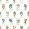 Vector Flowers in Green White Blue Yellow with Green Leaves on Beige White Background Seamless Repeat Pattern Royalty Free Stock Photo