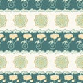 Vector Flowers in Green Yellow with Green Leaves on Beige Green Stripes Seamless Repeat Pattern. Background for textiles Royalty Free Stock Photo