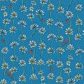 Vector flowers and lady bugs on blue seamless pattern print background. Royalty Free Stock Photo