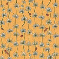 Vector flowers and lady bugs on dark yellow seamless pattern print background. Royalty Free Stock Photo