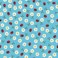 Vector flowers and ladybugs seamless pattern