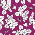 Vector Flowers Pansies and Bugs in White Black Yellow Scattered on Pink Background Seamless Repeat Pattern. Background