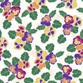 Vector Flowers Pansies in Pink Orange Yellow Purple with Green Leaves Scattered on White Background Seamless Repeat Royalty Free Stock Photo