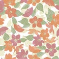 Vector Flowers in Red Orange Pink with Green Leaves Scattered on Yellow White Background Seamless Repeat Pattern Royalty Free Stock Photo