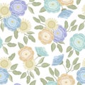 Vector Flowers in Yellow Blue Purple Orange Aqua with Green Leaves Arranged on White Background Seamless Repeat Pattern Royalty Free Stock Photo