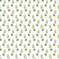 Vector Flowers in Yellow with Green Leaves Scattered on White Background Seamless Repeat Pattern. Background for