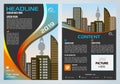 Vector flyer, corporate business, annual report, brochure design and cover presentation with blue and orange wave and vector city