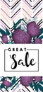 Vector flyer for great sale. Purple peonies and chevron modern brush spot in trendy pastel colors.