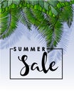 Vector flyer of summer sale. Decorated with trendy exotic plants and palm leaves. Hand drawn vintage art.