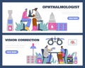 Vector flyers set of optometry, ophthalmology diagnostics, vision correction and treatment, ophthalmologist and patient Royalty Free Stock Photo