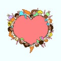 Vector flying angels and cupids around pink heart. Greeting card Royalty Free Stock Photo