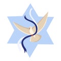 Vector flying dove of peace with blue ribbons bringing peace and support to Israel with star of David illustration