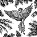 Vector flying parrot with palm leaves. Tropical summer design.