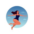 Vector Flying, Soaring Happy Woman in a Jump on a Sky Background with Clouds. Womens Health, Feminine Menstrual Cycle Royalty Free Stock Photo