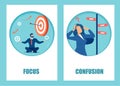 Vector of a focused businessman vs confused businesswoman