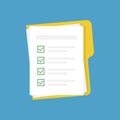 Vector Folder with checklist and documents on blue background in trendy flat style. File with papers. Education or paperwork