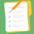 Vector Folder with checklist documents and pencil on green background in trendy flat style. File with papers. Education or Royalty Free Stock Photo