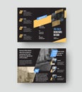 Vector folding triple brochure with blue, yellow geometric design, black background with place for photo, realistic shadows