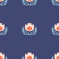 Vector Folk Tulips on Navy Blue seamless pattern background.