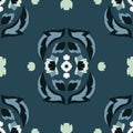 Vector Folklore Rose and Leaves Symmetrical Composition on Blue seamless pattern background.