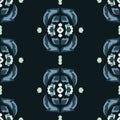 Vector Folklore Rose and Leaves Symmetrical Composition on Deep Blue seamless pattern background.