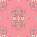 Vector Folklore Rose and Leaves Symmetrical Composition on Pink seamless pattern background.