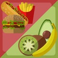 Vector food choice. Fruits and organic versus fast food Royalty Free Stock Photo