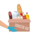 Vector food donation box with different food in it. Hands giving box. Delivery of the product during quarantine.