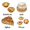 Vector food icons of buns. Colored sketch of food products. Pastel de nata, semla, apple pie, mince pie