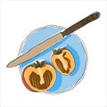 Vector food illustration of Persimmon and knife on plate. Half and quarter of ripe delicious fruit with cutlery on round Royalty Free Stock Photo