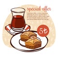 Vector food illustration with traditional turkish tea and dessert baklava