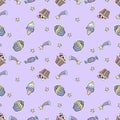 Vector food seamless pattern with cupcakes, candies, donuts. Hand drawn illustration Royalty Free Stock Photo