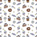 Vector food seamless pattern with cupcakes, candies, donuts. Hand drawn illustration Royalty Free Stock Photo