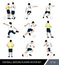 Vector football players figures on white isolated background. Referee and soccer players with the ball. Different poses, vector