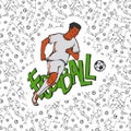 Vector football soccer in sports uniform run with ball. Vintage sportsman motion on background of inscription and black