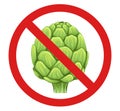 Vector forbidden sign with hand drawn artichokes isolated from background. Allergy danger. Prohibited sticker with head of cabbage