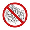 Vector forbidden sign with sketch of lush bush with peonies and leaves . Allergy danger. Prohibition icon to pluck flowers