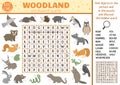Vector Forest animals and birds wordsearch puzzle for kids. Simple woodland crossword with fox, bear, owl, squirrel for children.