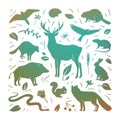 Vector forest animals collection in square frame. Flat animals silhouettes in brown, blue colors. Design for t-shirt print, cover