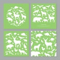 Vector forest animals set vector green templates. Flat animals silhouettes in square and round frame. Seamless pattern with